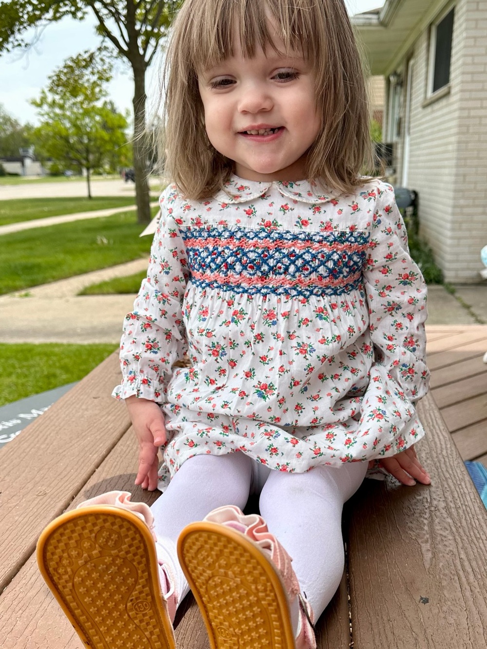 Boden Baby Girls White Floral Smocked Long-Sleeve Dress